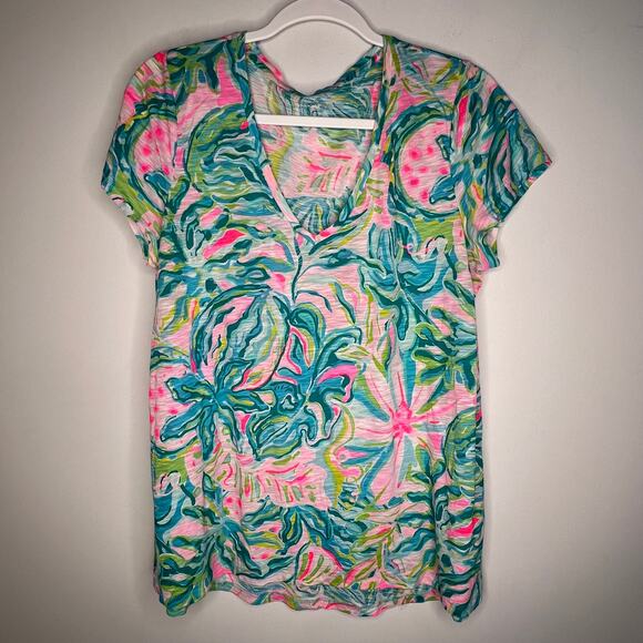 Lilly Pulitzer Blue & Pink Floral Etta T-Shirt Size Medium One In A Melon Print - Picture 2 of 6